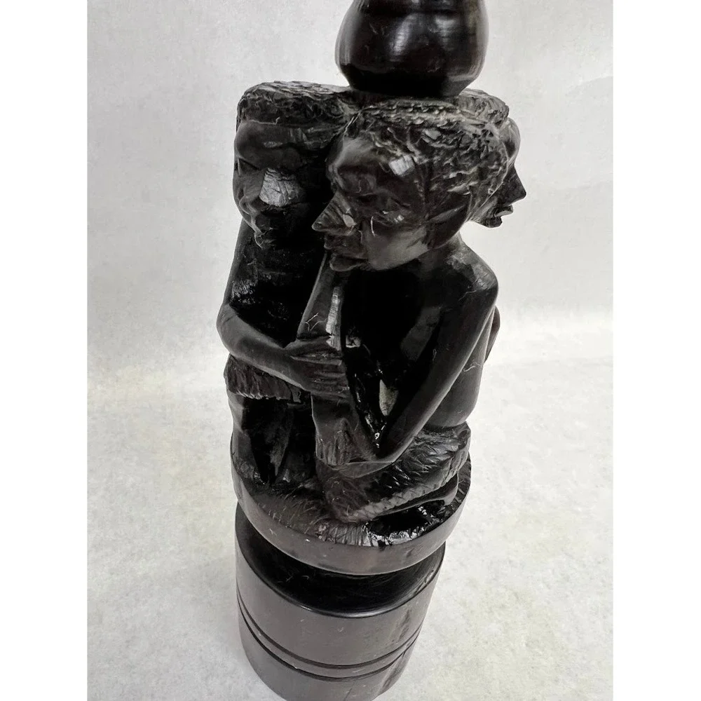 Hand Carved African Ebony Wood Candlestick Holder Tribal Figures Dark Wood 11in